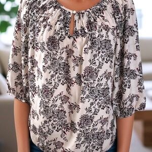 LOFT Floral Print Peasant Top Blouse Keyhole Neckline 3/4 Sleeves MP Casual work